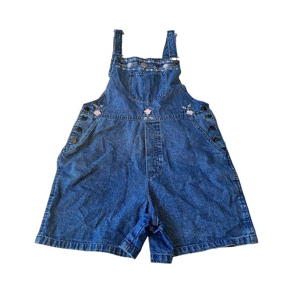 Vtg Y2K Carolina Bay Womans M‎ Short Overall Shortall Floral Embroidered Denim - Picture 1 of 4